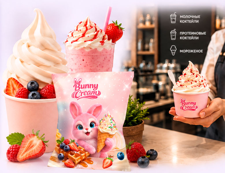 Упаковка Bunny Cream, мягкое мороженое и молочный коктейль на фоне кофейни