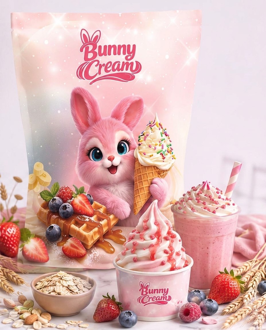 Упаковка Bunny Cream рядом с готовым коктейлем и мороженым
